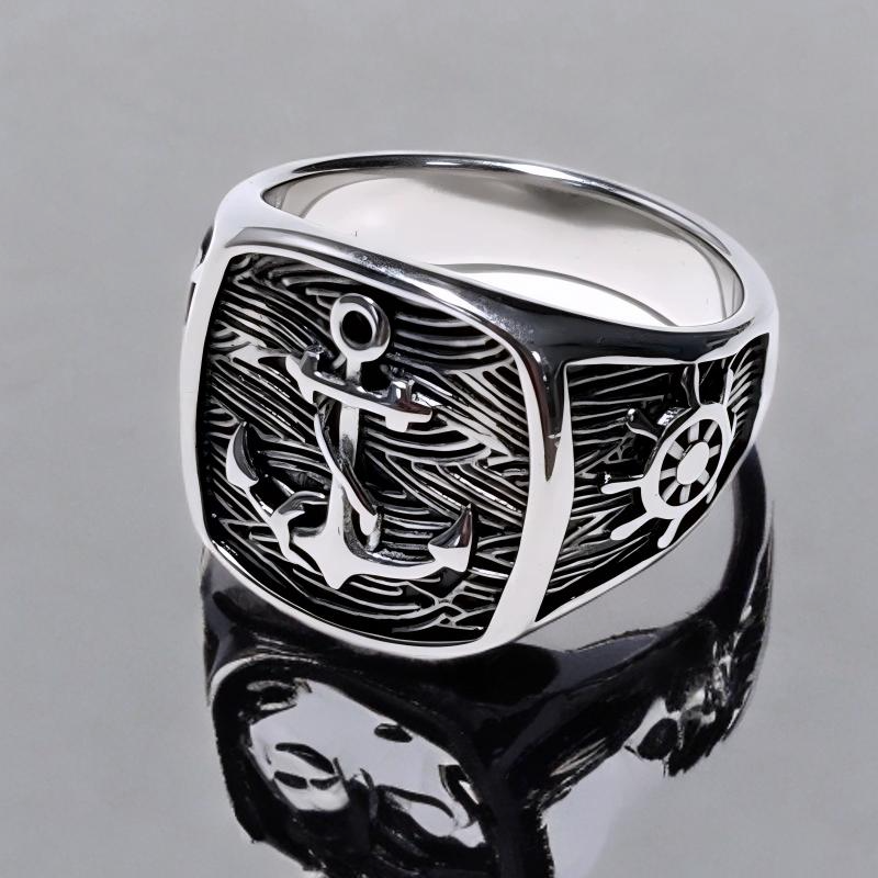 Bague Chevalière en Acier Inoxydable à Motif Ancre de Marine – Élégance Intemporelle