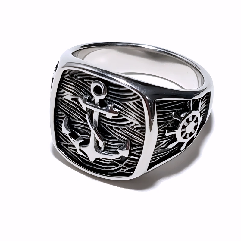 Bague Chevalière en Acier Inoxydable à Motif Ancre de Marine – Élégance Intemporelle