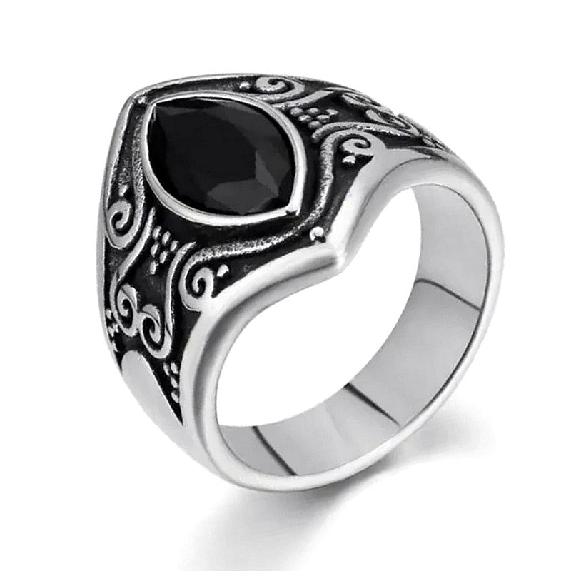 Bague Chevalière Ovale en Acier Inoxydable Argenté avec Élégant Oxyde Noir