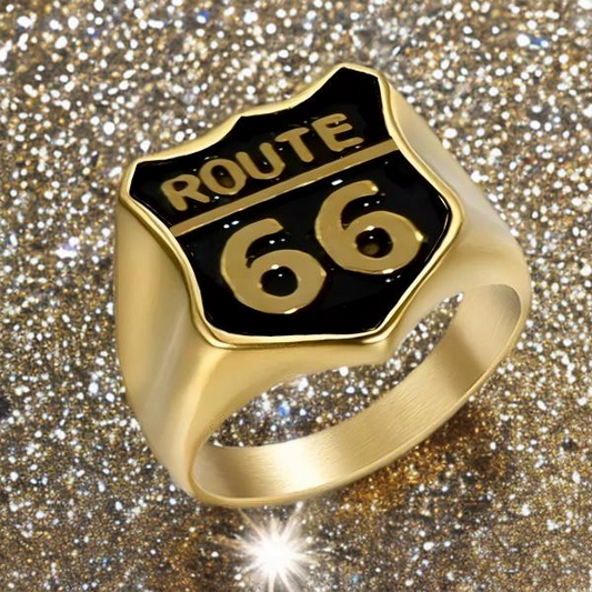 Bague Chevalière Route 66 en Acier 316 Noir et Or – Élégance Moderne et Authentique