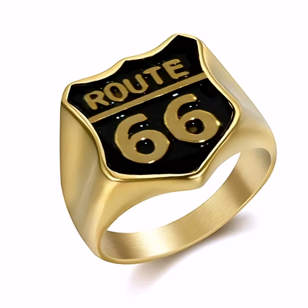 Bague Chevalière Route 66 en Acier 316 Noir et Or – Élégance Moderne et Authentique