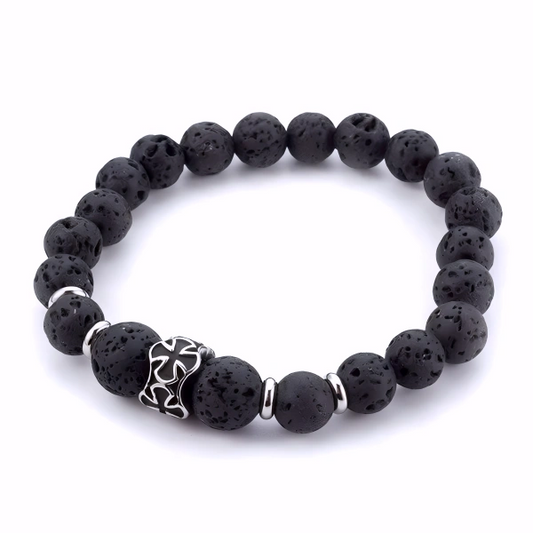 Bracelet en pierre de lave et croix de Malte en acier inoxydable