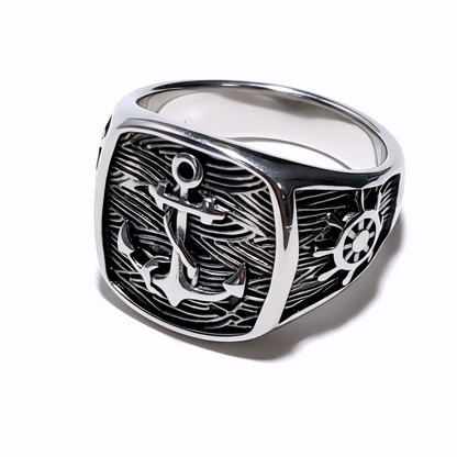 Bague Chevalière en Acier Inoxydable à Motif Ancre de Marine – Élégance Intemporelle